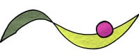 Logo dunkelgrün, hellgrün, schwungvolle Linie mit lilafarbener Kugel